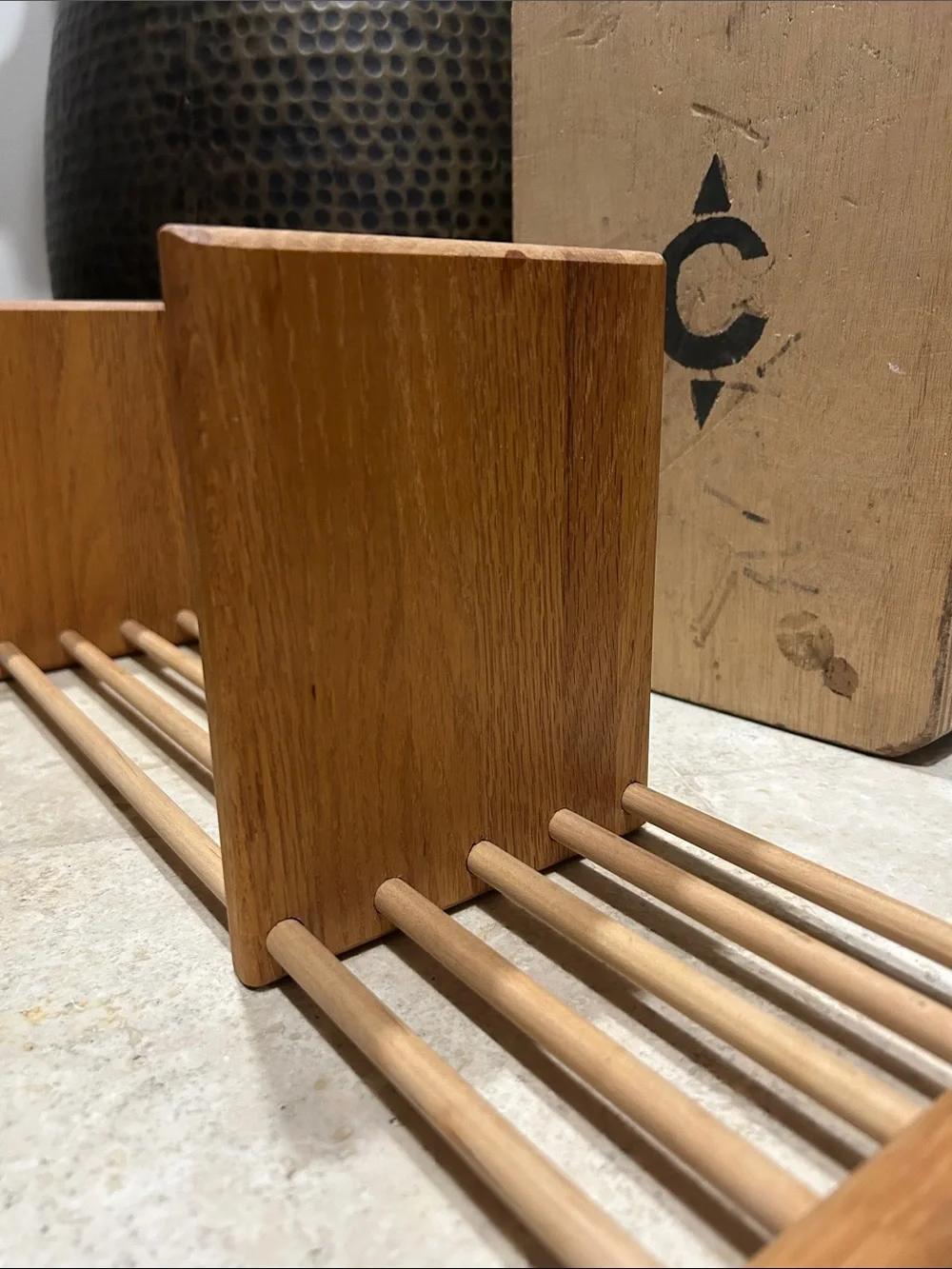 vintage MCM adjustable wooden sliding book stand